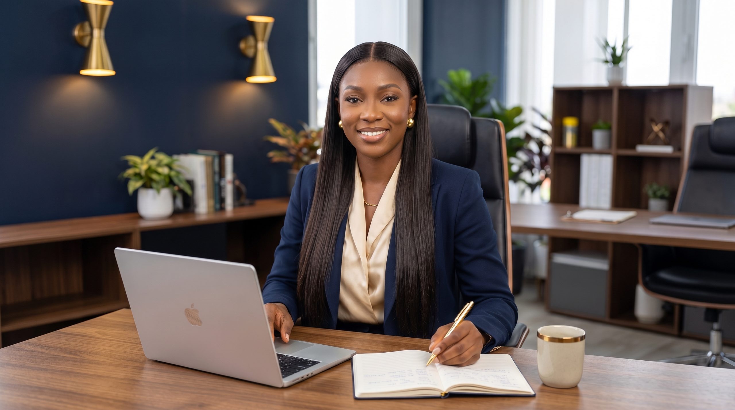 Adaeze working at her desk with a laptop and notebook